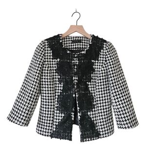 All Saints Black And White Houndstooth Lace Applique Tweed Blazer